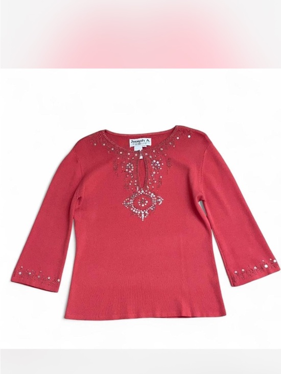 Joseph A Sweaters - Joseph A Coral Red Embellished Long-Sleeve Tee